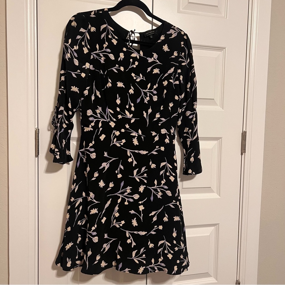Lucky Brand Black, Tan and White Floral Dress with Flutter 3/4 Sleeves